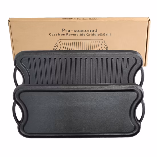 20"X10" pulgadas 50X27cm Venta caliente de Amazon BBQ Hierro fundido Plana rectangular Reversible Asado Parrilla para carne de hierro fundido Plancha Pan para estufa interior o campamento al aire libre
